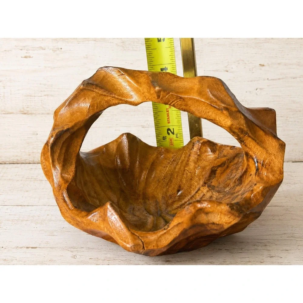 Vintage Primitive Burl Wood Basket Bowl Handled Hand Carved Rustic
